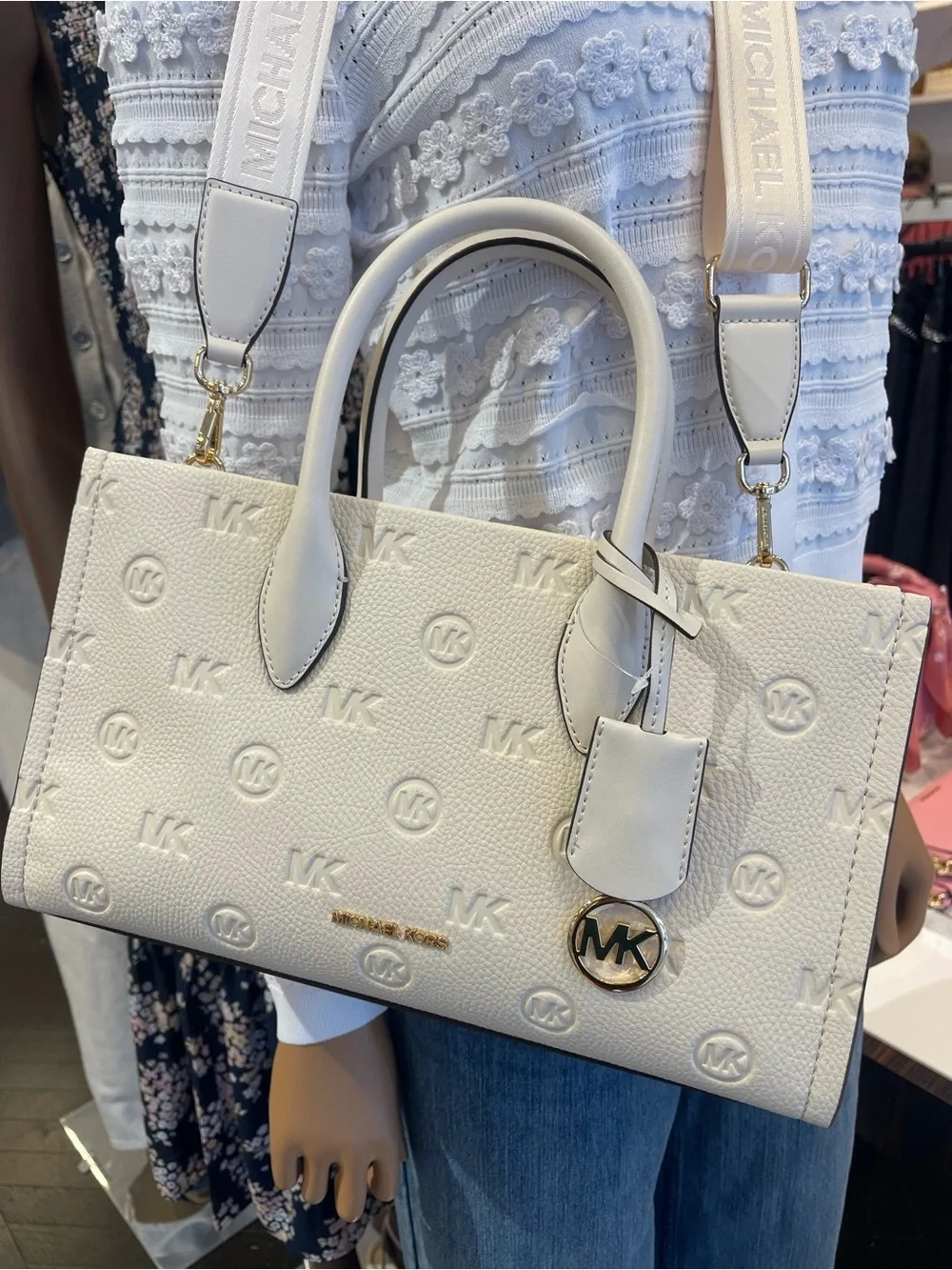 Michael Kors Mirella Md Logo Debossed Satchel Shoulder Tote Handbag Lt Cream NWT